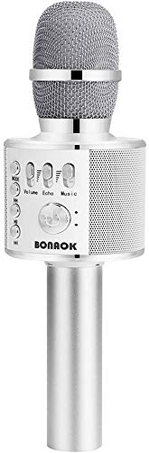 Microfono Karaoke Wreless Bluetooth BONAOK, 3-in-1 Palmare Portatile Karaoke Mic Regalo di Compleanno Altoparlante per Feste a Casa per iPhone/Android/iPad,PC Smartphone （Argento）