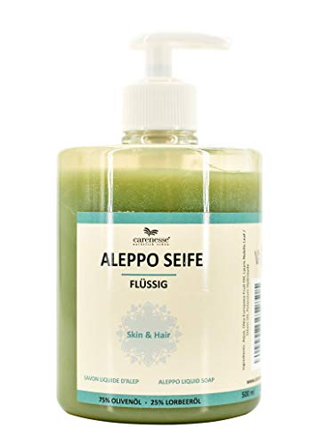 Carenesse Sapone Liquido Aleppo, 75% olio d'oliva + 25% olio di alloro. 500 ml, prodotto naturale, 100% vegetale, sapone liquido naturale