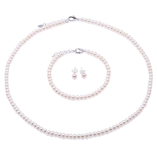 JYX - Set di gioielli di perle - Bracciale di perle bianche di dimensioni minuscole 4,5-5,5 mm e orecchini di gioielli in argento sterling 925 - con catena regolabile