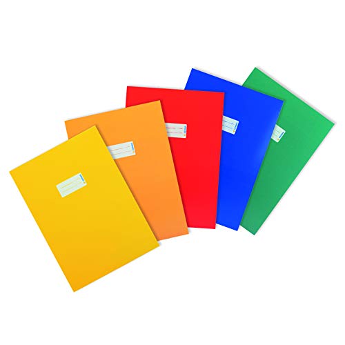 HERMA 20227 - Copertina per quaderno, formato DIN A4, con etichetta per scrivere, in carta robusta ed extra resistente, confezione da 5 pezzi, colore: giallo/arancione/rosso/blu/verde