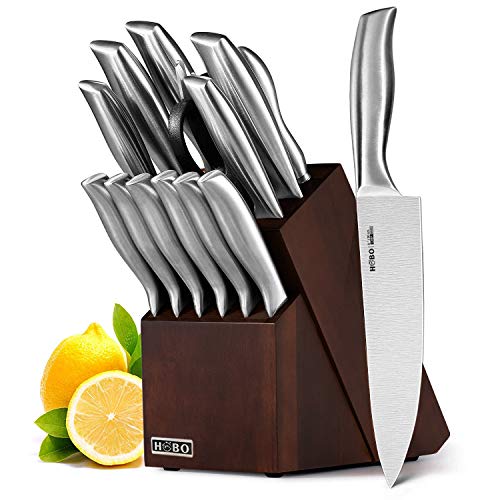 HOBO Set di Coltelli, Coltelli da Cucina 14 Pezzi con Blocco in Legno, Autoaffilante per Set di Coltelli da Chef, Acciaio Inox, Set di Coltelli Inscatolati