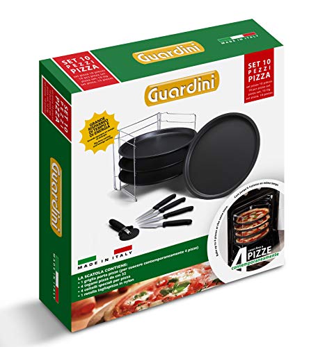 Guardini Scatola regalo 10 pezzi pizza: 1 Griglia porta tegami+4 Tegami pizza Ø32cm+4 Coltelli+1Rotella, Acciaio con rivestimento antiaderente, colore nero