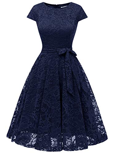 MuaDress Vestito Donna Eleganti da Sposa in Pizzo Girocollo Manica Corta con Cintura per Cerimonia Nuziale 6008Marine Foncé L