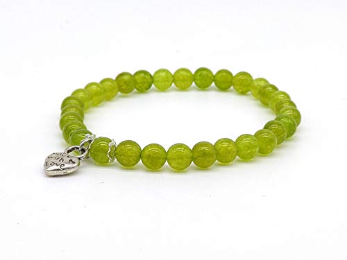 Bracciale Donna in Peridoto (olivina) Naturale, Ciondolo Cuore, Elastico 19 cm, Fatto a Mano, Pietre Dure Naturali