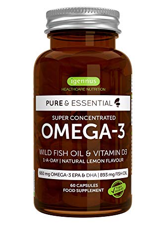 Pure & Essential Olio di Pesce Omega-3 ad Alta Concentrazione e Vitamina D3, 410 mg EPA e 250 mg DHA per capsula, 1 al giorno, 60 capsule