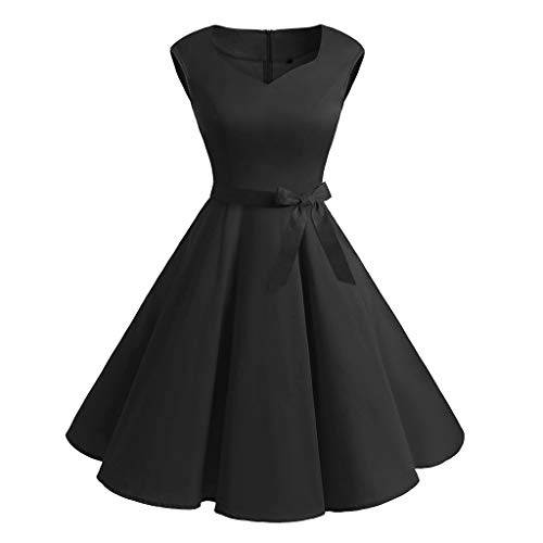 Xmiral Abito Cocktail Donna Rockabilly Gonna a Pieghe Vintage retrò Anni '50 Elegante Scollo Tondo Senza Maniche (XL,5Nero)