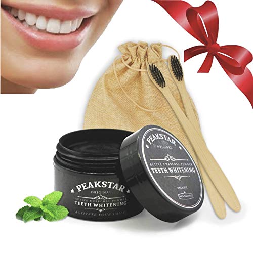 PeakStar Carbone Attivo Sbiancante per Denti 100% Naturale | PREMIUM Active Charcoal Teeth Whitening | Kit 1+1 Spazzolino Bamboo Omaggio + Polvere di Cocco 30g + Confezione Regalo Eco Vegan Friendly