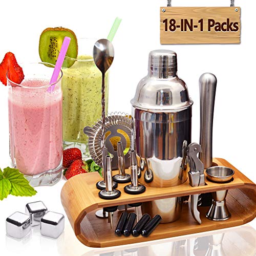 AYAOQIANG Cocktail Shaker Set, 18 Pezzi Kit Set Cocktail, 750ml Shaker con Accessori, Compreso 3 Whisky Stones in Acciaio Inox, Supporto Bamboo.