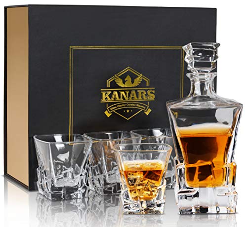 KANARS 5 Pezzi Bottiglie e Bicchieri Whisky, Decanter da Whiskey Cristallo, 800ml Bottiglia con 4X 300ml Bicchieri, Bellissimo Regalo