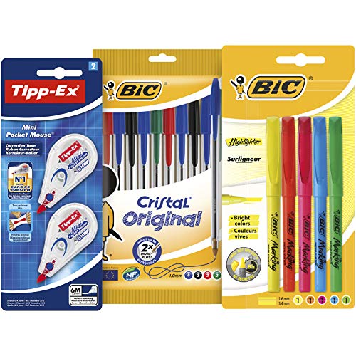 Bic - Speciale rientro a scuola, Set di scrittura con 10 penne biro Cristal/Briteliner, Con 2 correttori Tipp-Ex mini e 5 Evidenziatori Colori Assortiti