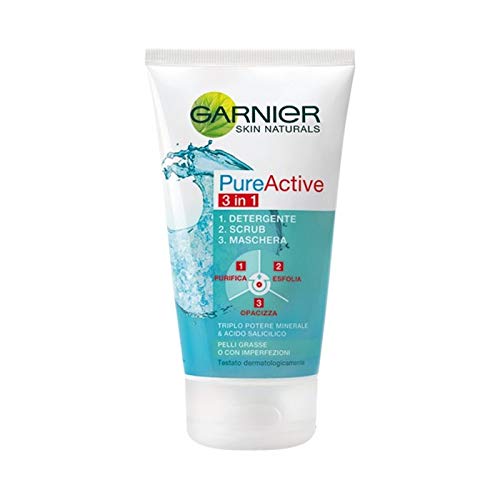 Garnier Pure Active 3 in 1 Detergente + Scrub + Maschera per Pelli Miste - Con Imperfezioni, 150 ml