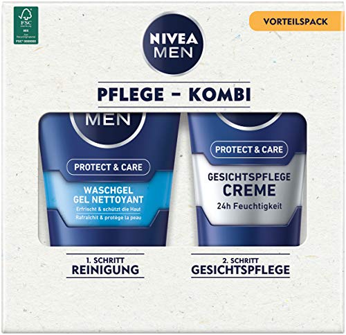 Nivea Men Face Duo Pack, set per la cura del viso con gel detergente NIVEA Men Protect & Care (100 ml) e crema per la cura del viso NIVEA Men Protect & Care (75 ml), set di cura per uomini