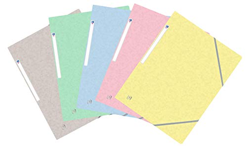Oxford Topfile+ - Lotto di 10 cartelline in cartoncino, 3 alette, formato A4, chiusura con elastico, 5 colori pastello