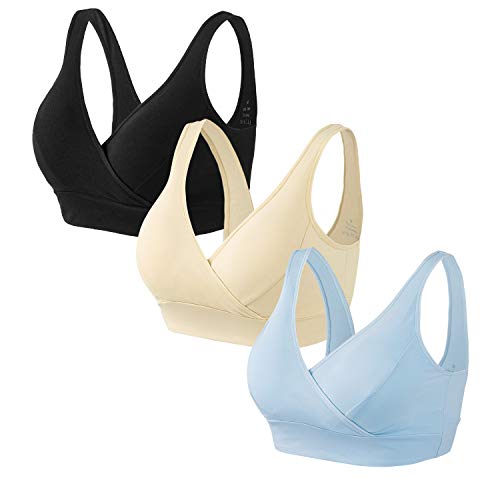 HBselect Reggiseno Allattamento Notte Senza Ferretto Pacco da 3 Reggiseno Premaman in Cotone Morbido con Imbottito Sostituibile Ideale per Gravidanza e Allattamento (Azzurro, Nero, Fleshcolor, XXL)