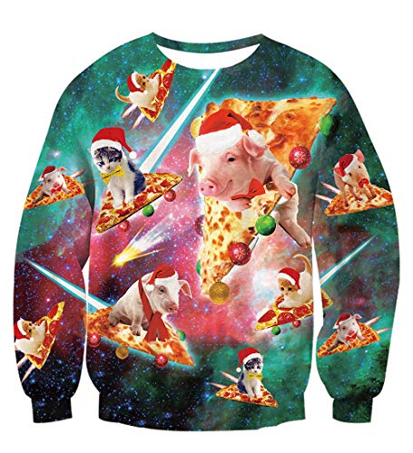 TUONROAD Unisex Christmas Sweatshirt Pizza Gatto 3D Stampato Ugly Xmas Pullover Uomo Donna Crewneck Funny Sweater Maglione di Natale - S