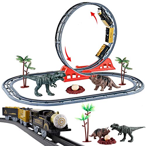 deAO Parco Giurassico Binari del Treno nel Mondo dei Dinosauri Set per Bambini Include Circuito a Doppio Ciclo, Treno Elettronici e Accessori per Rotaie