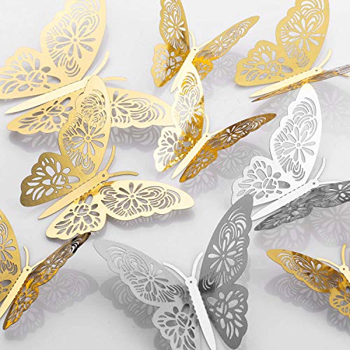 MWOOT 48 pezzi 3D farfalle adesivi da parete, (d'oro/argento) sticker decorativi da parete per la festa di compleanno decorazione della camera da letto di nozze decorazioni per la casa