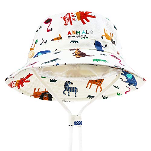 DRESHOW - Cappello parasole per bambini, con protezione solare UPF 50+, unisex, con animali, cappello da pescatore per l’estate con sottogola Animali avorio. 6 mesi