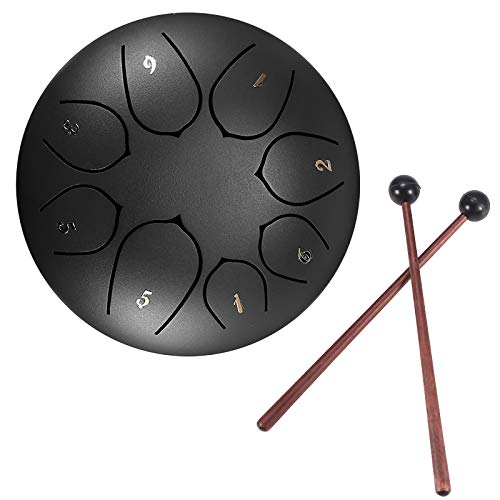 Konesky Steel Pan Steel Tongue Drum Tamburo a Percussione a Mano da 6 Pollici 8 Tune Etereo con Borsa per Il Trasporto, 2 Bacchette, Libretto di Esercitazione, 4 Scelte per le Dita, Nero