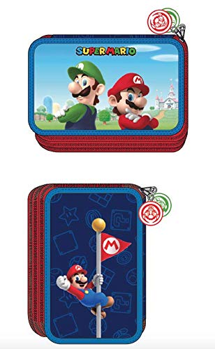 CARTOON WORLD Astuccio Scuola 3 Zip con 45 Pezzi - Super Mario Bros e Luigi