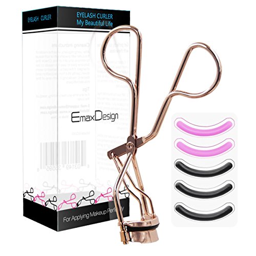 EmaxDesign Piegaciglia in metallo Strumento di trucco professionale con 5 accessori di ricambio in silicone nella colorazione oro rosa Facile da utilizzare per ottenere delle bellissime ciglia