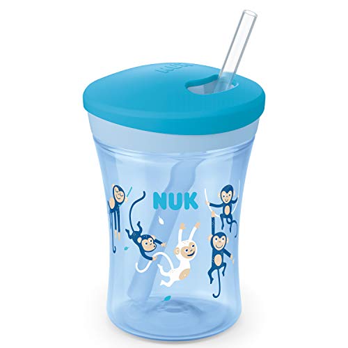 NUK Action Cup tazza per bimbi | 12+ mesi | Coperchio con chiusura ad avvitamento e cannuccia morbida | A prova di perdite | Senza BPA | 230ml | scimmia (blu) | 1 pezzo
