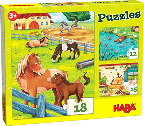 HABA 305237 - Puzzle con 3 puzzle da 12, 15 e 18 pezzi e diversi motivi di animali, puzzle a partire dai 3 anni