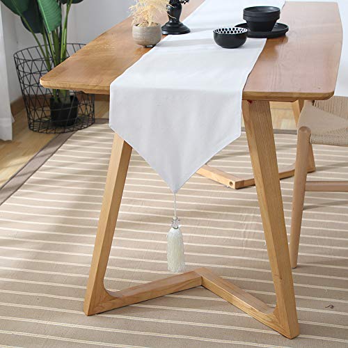 Fansu Runner da Tavola Moderno, Tinta Unita Fatto a Mano Cotone e Lino con Nappe Decorazione Nordico Semplice Classico per Tavolo Lungo Decorazioni per la Casa, Feste (33×240cm,Bianca)