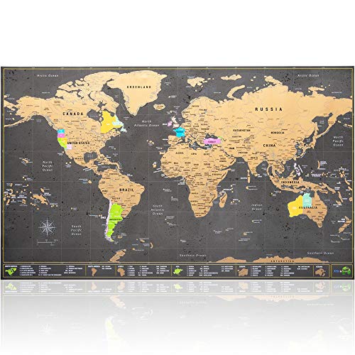 Mappa del Mondo da grattare - Ultra dettagliata con tutti gli Stati Uniti - Kit di accessori e tubo porta mappa in regalo - formato 70 x 42 cm - Design cartografico Deluxe di Atlas&Green