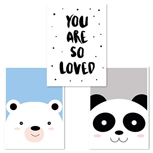 Set di 3 poster per la cameretta dei bambini, decorazione per la cameretta dei bambini, DINA 4, ragazzo (orso, amore, panda, orso)