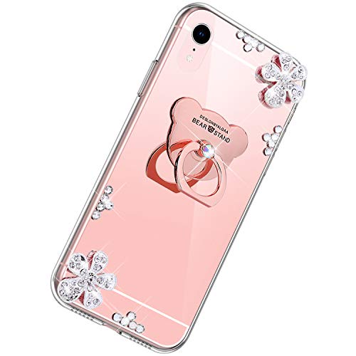 Herbests Compatibile con iPhone XR Custodia Ultra Sottile Silicone Protettiva Case Cover Specchio con Anello Bear Ring Supporto e Glitter Diamante a Strass Cover Custodia,Oro Rosa