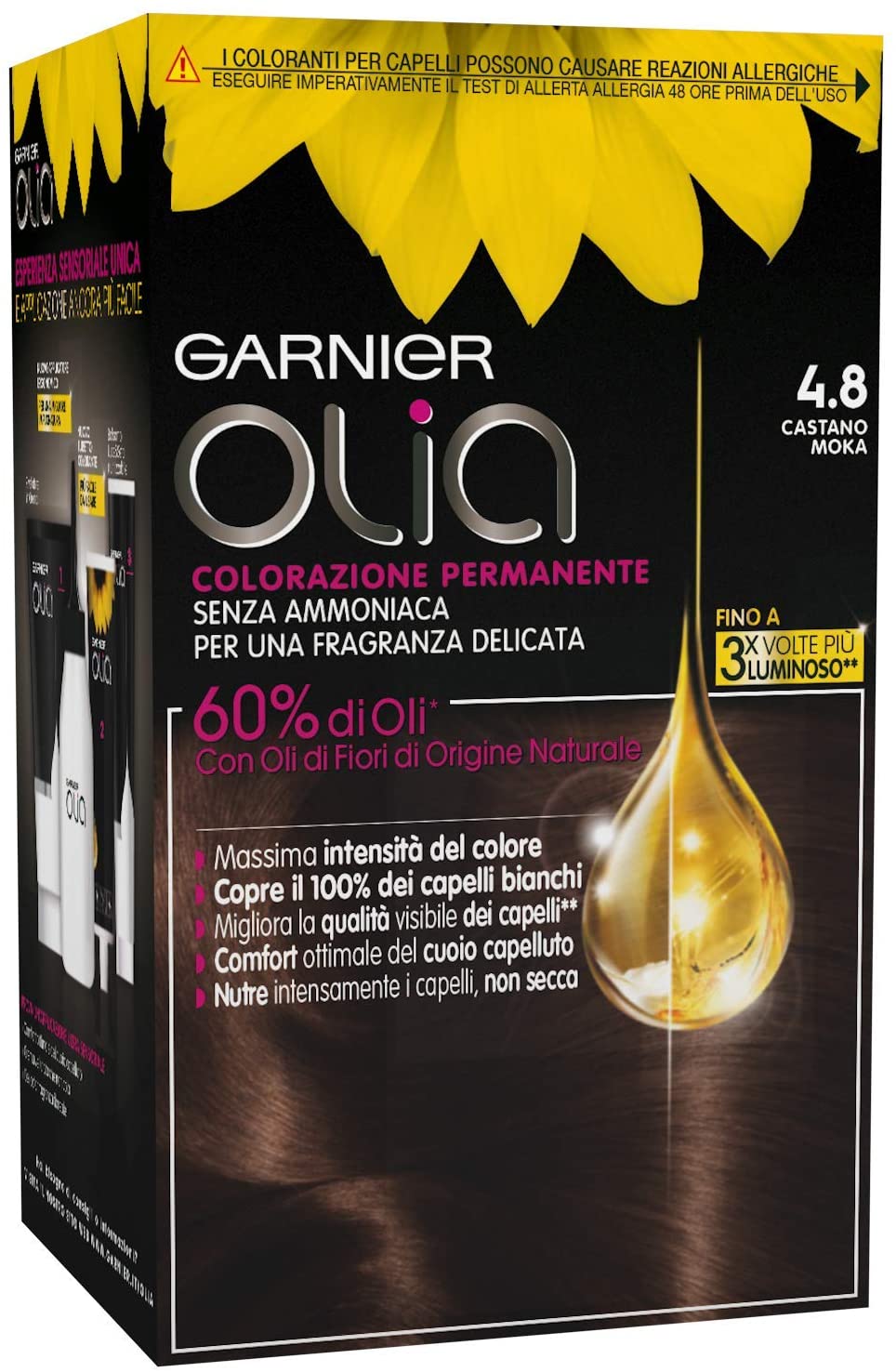 Garnier Olia Colorazione Permanente Senza Ammoniaca, Migliora la Qualità dei Capelli, Copre i Capelli Bianchi, 4.8 Castano Moka