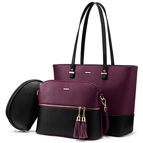 LOVEVOOK Borsa Donna Borsa a spalla Donna Borse a Mano Borsa grande per ufficio Scuola Shopping Viaggio Nappa Cerniera Borsa in pelle PU Set di 3 pezzi scuro Viola-Nero