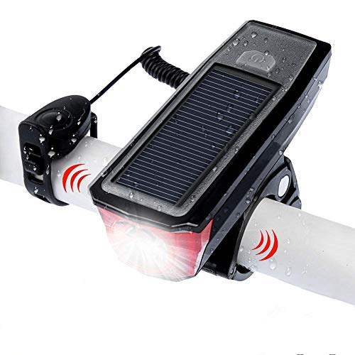 WASAGA Faro per Bici, Luce Frontale per Bicicletta Ricaricabile a 4 modalità Smart USB alimentata a energia Solare con Campana per Bici per Ciclismo Guida di Sicurezza Altoparlante a LED