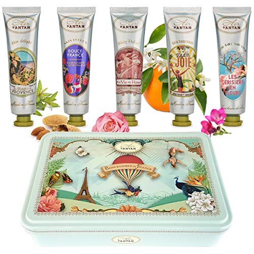 Cofanetto Crema Mani 5x25 ml, 5 Creme Mani Profumate/Un Air d'Antan®/Profumi : Verbena, Fiori di Ciliegio, Rosa, Mandorle, Mughetto/Burro Di Karitè/Olio Di Argan/Cofanetto Regalo Donna/Regalo Mamma