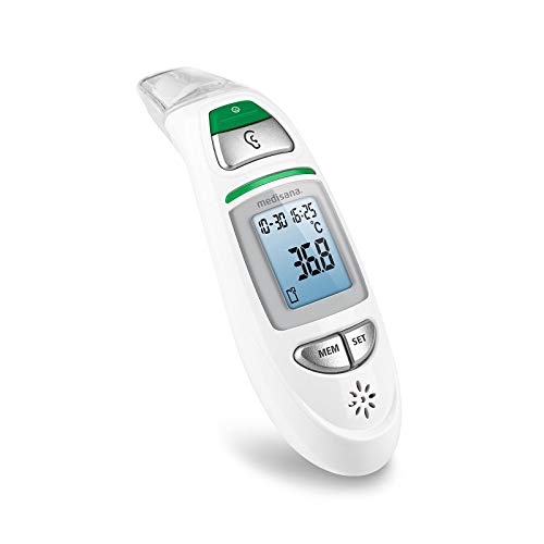 Medisana TM 750 Termometro Clinico Digitale 6 in 1, Termometro Auricolare per Neonati, Bambini e Adulti, Termometro per la Fronte con Allarme Visivo della Febbre e Funzione di Memoria