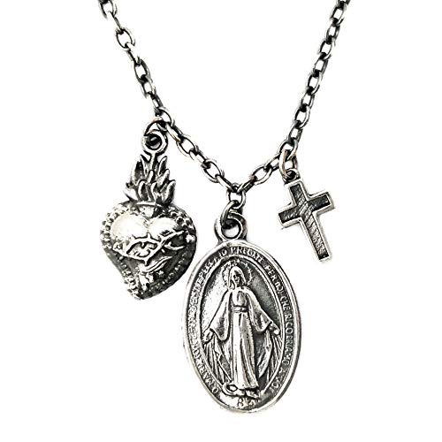 ViMon gioielli, COLLANA in ARGENTO 925 invecchiato,con ciondoli MADONNINA MIRACOLOSA, CROCE,SACRO CUORE. Lunghezza Catena SU MISURA