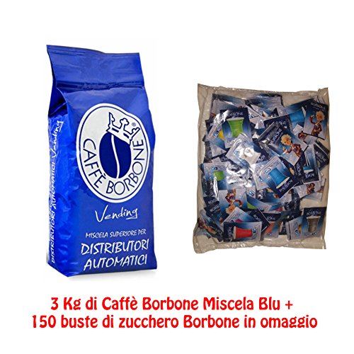 JSD 3 Buste Confezione da 1 kg di Caffe' BORBONE in GRANI Miscela Blu Vending Originale + 150 BUSTINE di Zucchero BORBONE in Omaggio