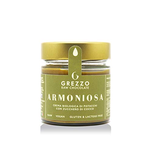 ARMONIOSA - Crema di pistacchio (47%) e cioccolato bianco biologica, prodotta da Grezzo Raw Chocolate (180g)