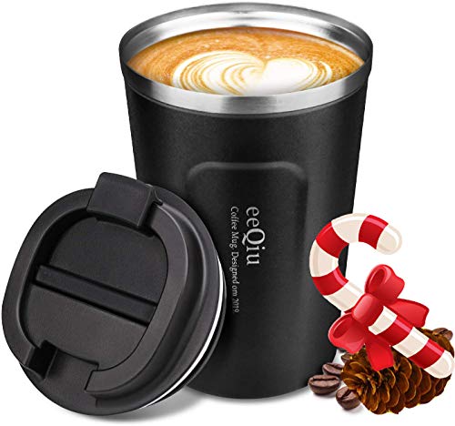 eeQiu Tazza da caffè 13oz 100% a Prova di perdite - Tazza da Viaggio in Acciaio Inossidabile - Coperchio Isolante a Doppia Parete per Tazza Auto Tazza da caffè Riutilizzabile Ecologica (Nero)