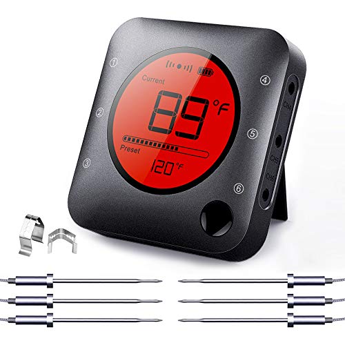 BFOUR Termometro da Cucina Digitale Termometro per Cucina Bluetooth Termometro per Carne Barbecue Wireless Termometro da Forno con Timer BBQ Griglia LED Display App 6 Sensori (Nero, 6 Sonde)
