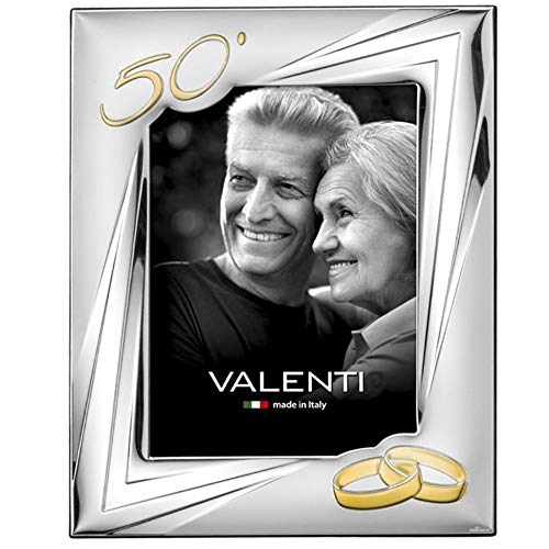 Valenti&Co - Cornice Portafoto in Argento cm 18x24. Ideale Come Regalo per Nozze d'oro - 50 Anni di Matrimonio o per Il Cinquantesimo di parenti, Nonni o Mamma e papà.