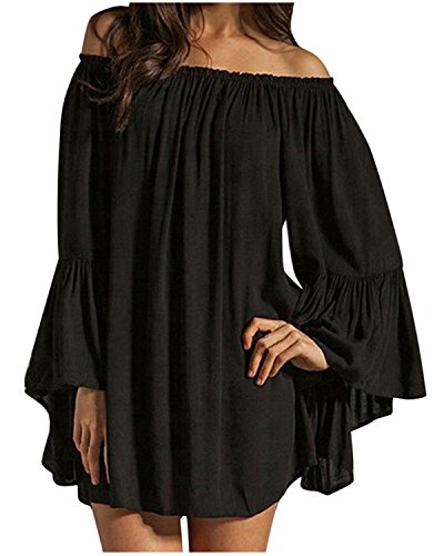 ZANZEA Donna Abito Corto Maniche Lunghe Senza Spalle Vestito Donna in Chiffon Elegante Casual Moda Camicia Lunga Primavera Autunno 01-nero XXL