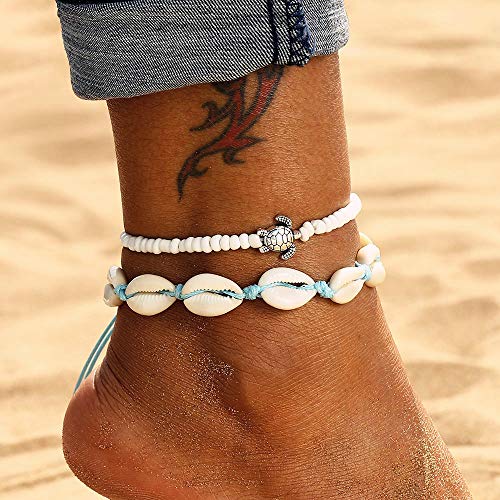 Edary Boho Set di cavigliere conchiglia doppia Ciondolo tartaruga bianco Braccialetti alla caviglia Catena di piedi in rilievo Accessori per gioielli da spiaggia Piede da spiaggia per donne e ragazze