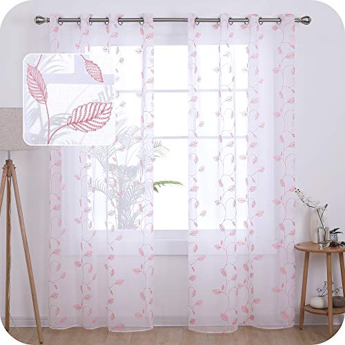 UMI. by Amazon Tende Trasparenti in Voile Foglia Ricamata per Finestre Moderne con Occhielli 140x245cm Rosa 2 Pannelli