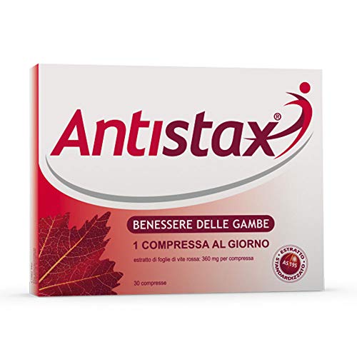 Antistax Integratore Alimentare a Base di Estratto Standardizzato di Foglie di Vite Rossa AS 195 che, con le Sue Proprietà Naturali, Aiuta a Mantenere il Benessere delle Gambe, 30 Compresse