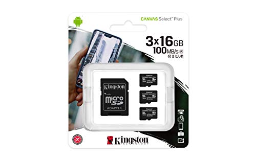 Kingston Canvas Select Plus SDCS2/16GB-3P1A Scheda microSD Classe 10, Multipack con 3 Schede, Adattatore SD Incluso, 16 GB
