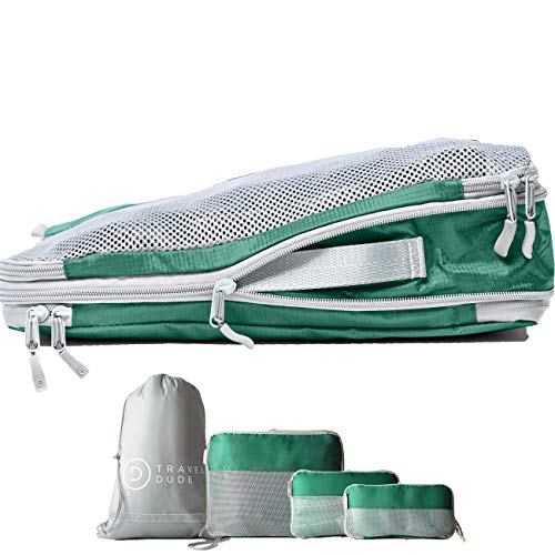 TRAVEL DUDE Organizer Valigie | Cubi con Compressione | realizzati con Bottiglie di Plastica Riciclata | Set da Viaggio per zaini o bagagli a mano | Organizer Valigia (verde/ 7 pezzi)