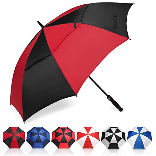Eono by Amazon - Ombrello da Golf Aperto Automatico, 62 inch, Large Golf Umbrella, Ombrello Grande, Disegno Antivento Super Resistente, Umbrella di Viaggio con Custodia Impermeabile, Nero/Rosso
