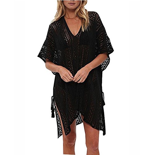 Très Chic Mailanda Copricostumi Donna Cover Up Maglieria Pizzo Blusa Nappa Sexy Scollo a V Abito Spiaggia da Mare (Taglia Unica, Nero)